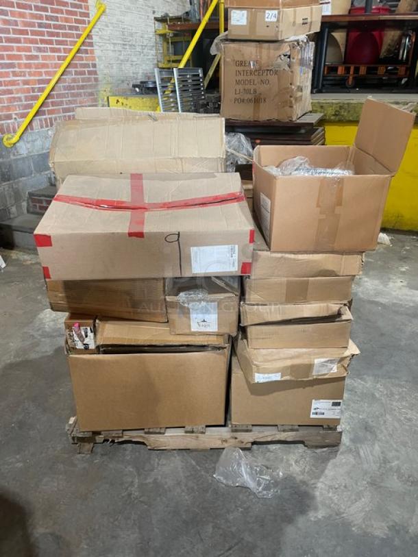 Mixed pallet of new commercial kitchen items, including Winco colander and tongs, BKI filter bag, Cal-Mil display riser, and more.