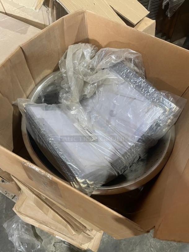 Mixed pallet with new Winco PFSF-5C colander, CVST-9K serving tong, BKI F10007 filter bag, Cal-Mil display riser and ice housing, Demarle FX-01203 pan.