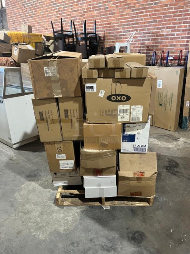 Mixed pallet with boxed Kohler, Cameo China, Home Yacht, Figgjo, Winco items. Includes OXO slicer. Brand new, unopened condition.