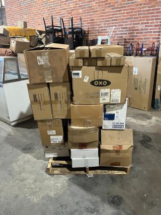 Mixed pallet with boxed Kohler, Cameo China, Home Yacht, Figgjo, Winco items. Includes OXO slicer. Brand new, unopened condition.