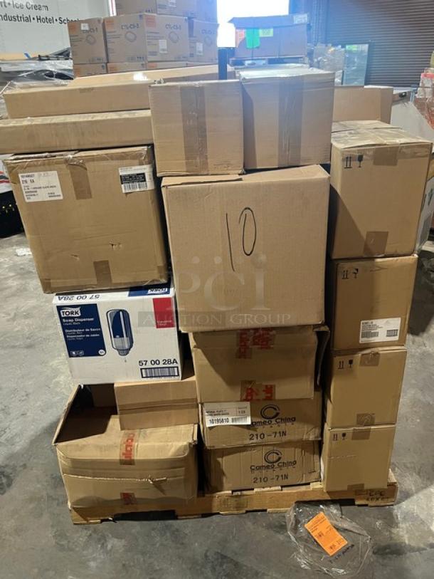 Mixed pallet of commercial kitchen items including Kohler dispenser, Cameo China plates, and Winco Bain Marie pot, model details visible.