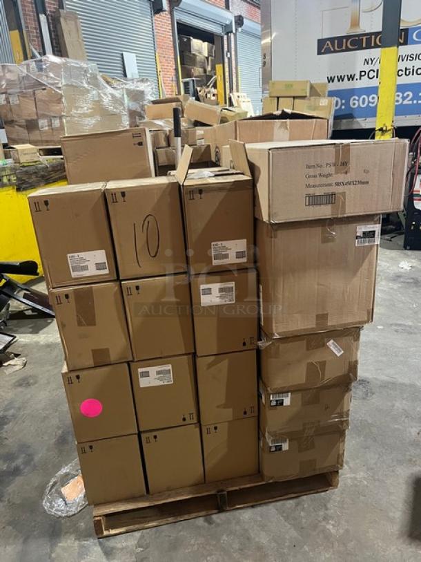 Mixed pallet of commercial items including Kohler dispenser, Cameo plates, Figgjo bowl, and more. Various models visible. 44x Your Bid.