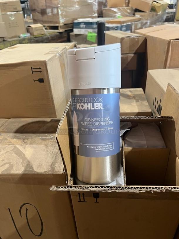Brand new mixed pallet including Kohler stainless steel wipes dispenser, model 6382-0, with other commercial kitchen items.