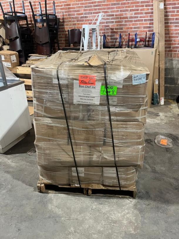Brand new full pallet of AeroGlove Model 3697BC biodegradable gloves, 1,200 per case, wrapped and labeled in warehouse.