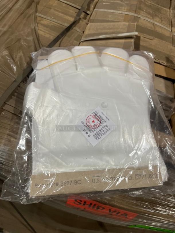 Brand new pallet of AeroGlove biodegradable gloves, Model 3697BC, clear, one-size fits most, 1,200 per case, in packaging.
