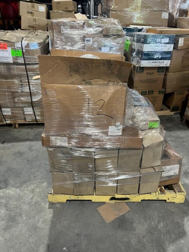 Mixed pallet with new dinnerware and kitchen items, including Cameo China plates, Figgjo jug, Winco bowls.