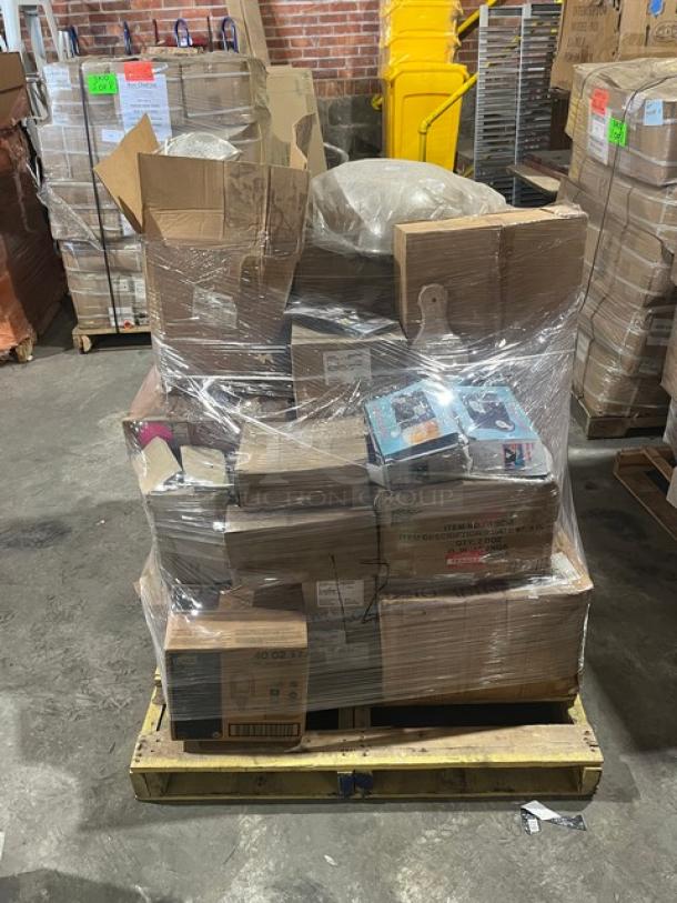 Mixed pallet with Cameo China dinner plates, sauce dishes, cups; Figgjo jug; Winco bowls, strainer. Brand new, sealed.
