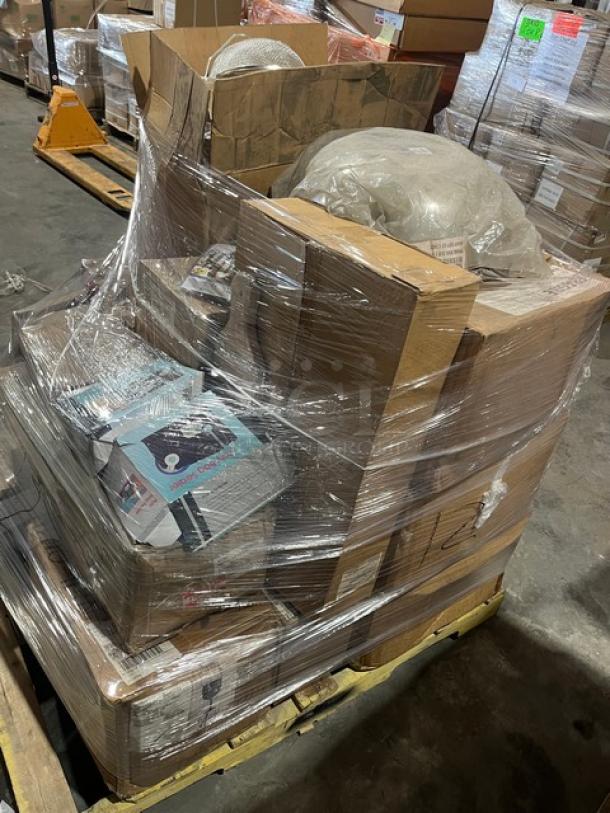 Pallet with assorted kitchenware, including Cameo China plates, cups, Winco bowls, and Figgjo jug, wrapped in plastic.