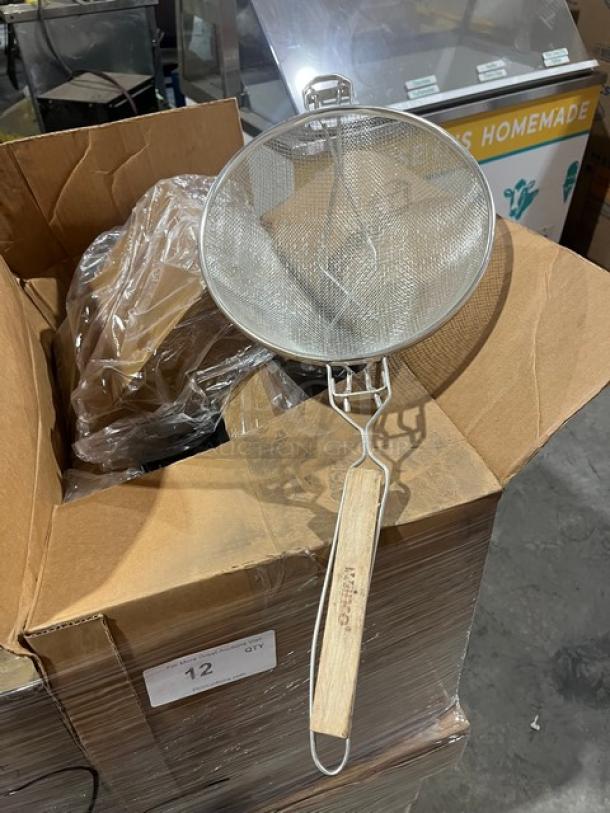 Mixed pallet with a Winco 10.5" mesh strainer on top of the box. Palette includes various commercial kitchen items.