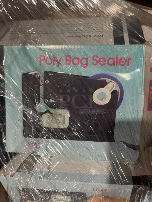 Pallet with poly bag sealer box, wrapped in plastic, part of a mixed auction lot with commercial kitchenware items.