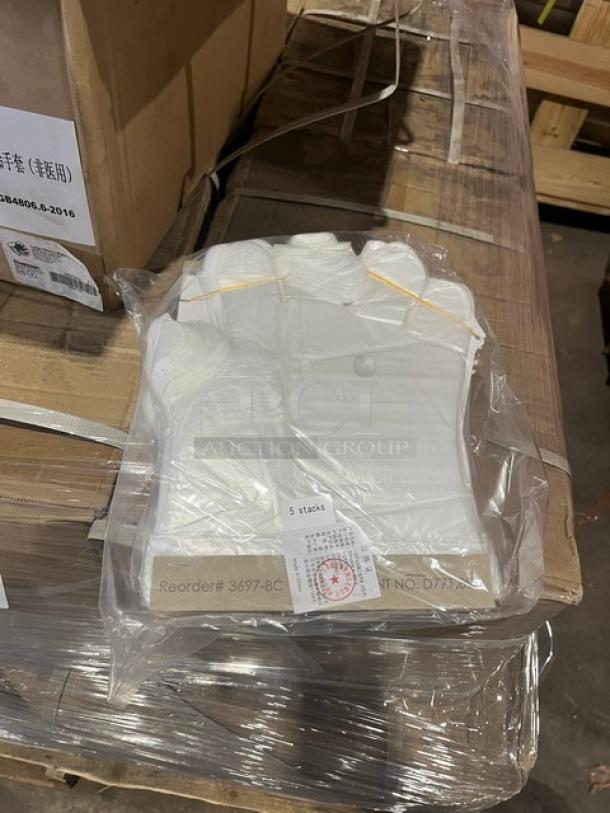 AeroGlove Model 3697BC pallet with clear biodegradable gloves, one-size-fits-most, 1,200 gloves per case, new condition.