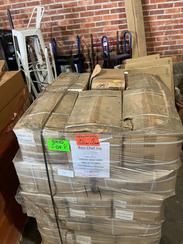 Brand new full pallet of AeroGlove 3697BC biodegradable gloves, 1,200 per case, labeled for shipping to Bon Chef Inc.