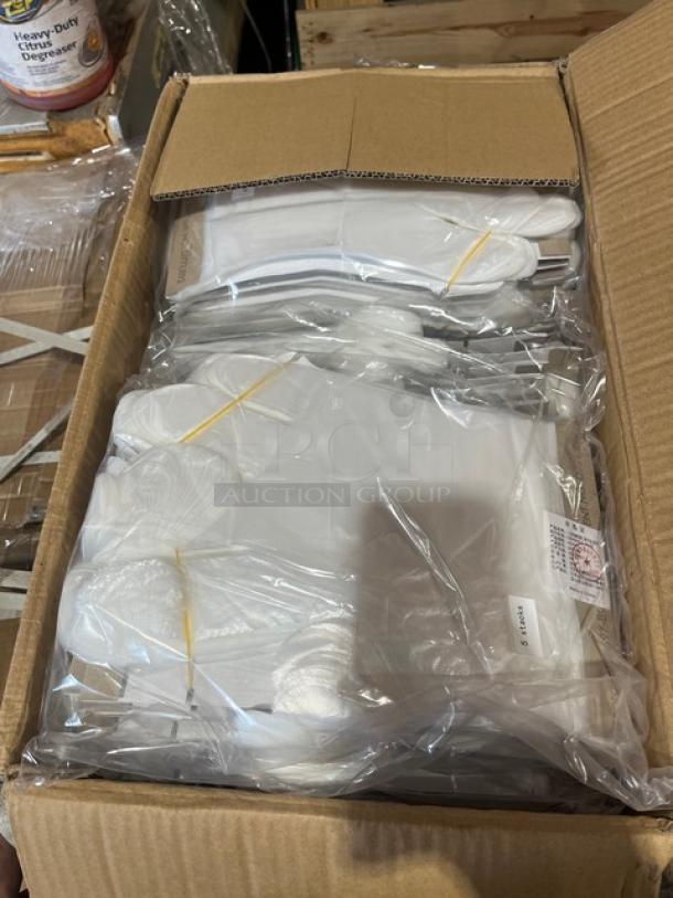 BRAND NEW AeroGlove Model 3697BC biodegradable gloves, clear, one-size, commercial use, 1,200 per case; box open showing contents.