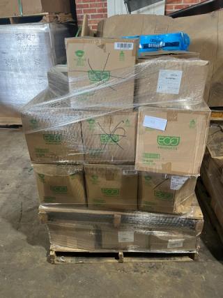 Pallet with mixed packaging, featuring Eco-Products 160 oz sugarcane bowls, checkered dry wax sheets, and wooden spoons. Boxes are shrink-wrapped.