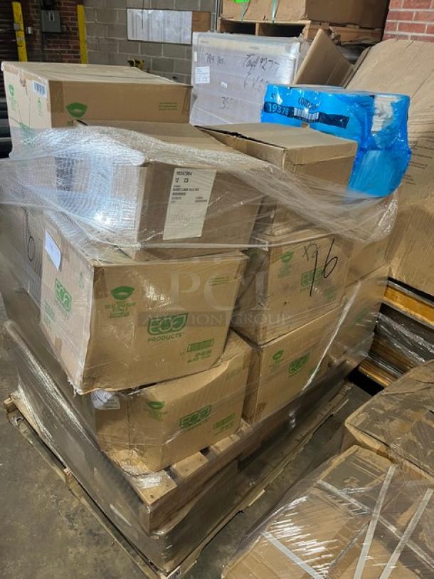 Mixed pallet with Eco-Products compostable bowls, dry wax sheets, and paper wrapped wooden spoons. New condition, 29X your bid.