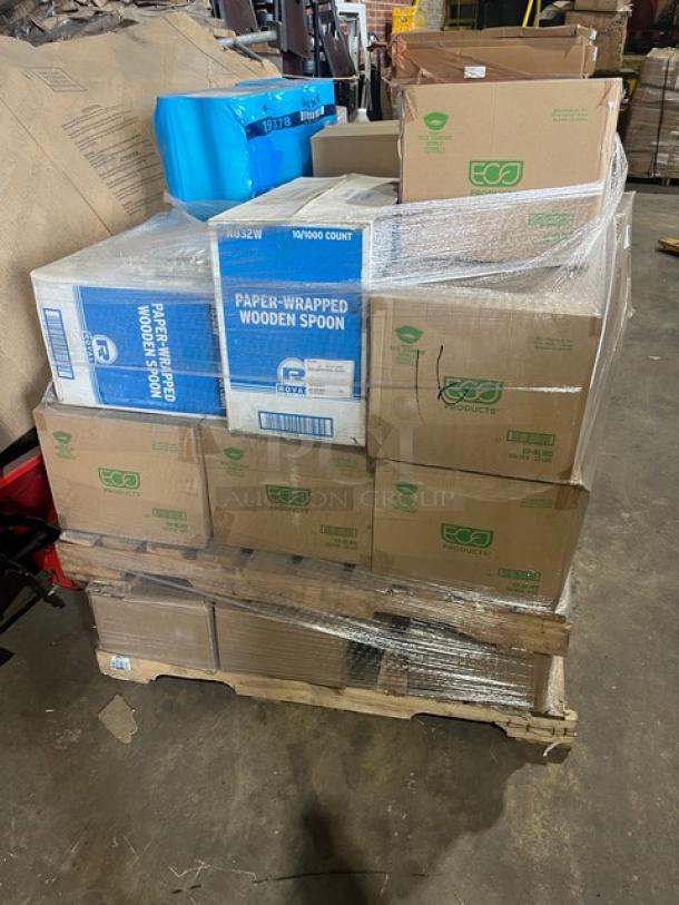 Mixed pallet of commercial products, including R3 Distribution 12"x12" wax sheets, Eco-Products 160 oz bowls, and Royal wooden spoons.