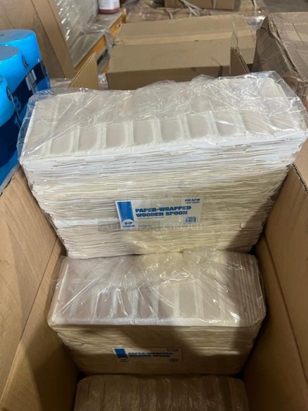 Brand new mixed pallet; includes stacks of paper-wrapped wooden spoons, model R832W, in cardboard box, wrapped in plastic.