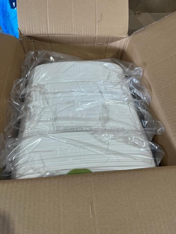 Box of R3 Distribution dry wax sheets, Eco-Products compostable bowls, and Royal wooden spoons, new condition.