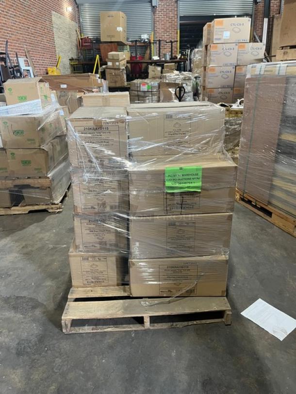 Brand new full pallet of Pack N’Wood 12 oz. Kray Box take-out containers, model 210KRAYB115, with display window lid, 250 per case.