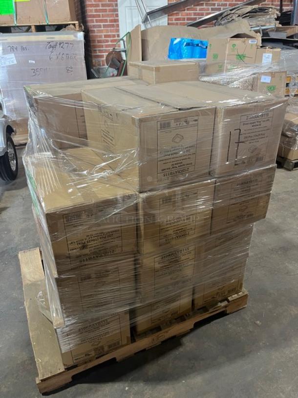 Brand new full pallet of Pack N’Wood 12 oz. Kray Box take-out containers, Model 210KRAYB115, 250 per case, with display window lid.