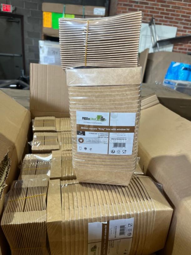 Brand new Pack N’Wood Kray Box, Model 210KRAYB115, 12 oz., natural kraft, with display window lid, 250 per case.
