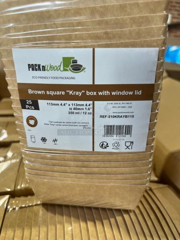 Brand new Pack N’Wood 210KRAYB115 brown kraft 12 oz. Kray box with window lid, eco-friendly packaging, 250 per case.