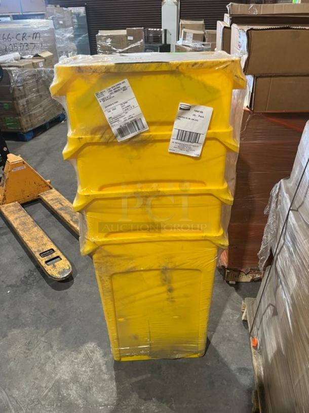 Brand new Rubbermaid 92 Qt. yellow Slim Jim trash can, Model 1956188, vented, with visible shipping labels, wrapped in plastic.