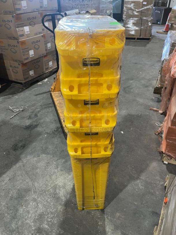 Rubbermaid Slim Jim trash can, model 1956188, 92 qt. yellow, vented, new condition, stacked and wrapped in clear plastic.