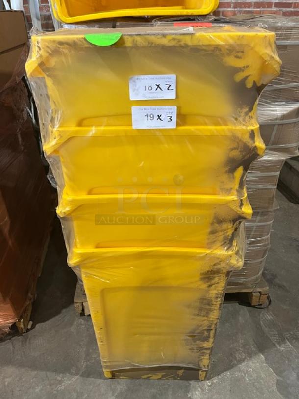 Brand new Rubbermaid Slim Jim yellow trash can, 92 Qt. capacity, model 1956188, wrapped in plastic, vented design.