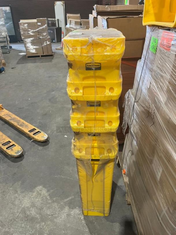 Brand new Rubbermaid Commercial yellow vented Slim Jim trash cans, model 1956188, packaged and stacked, 92 Qt. capacity.
