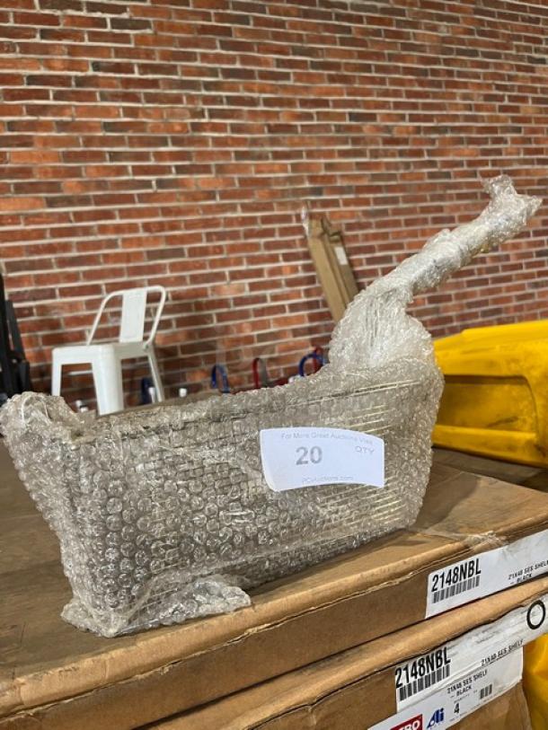 Brand new stainless steel fry basket with front hook and non-slip grip handle, wrapped in bubble wrap.