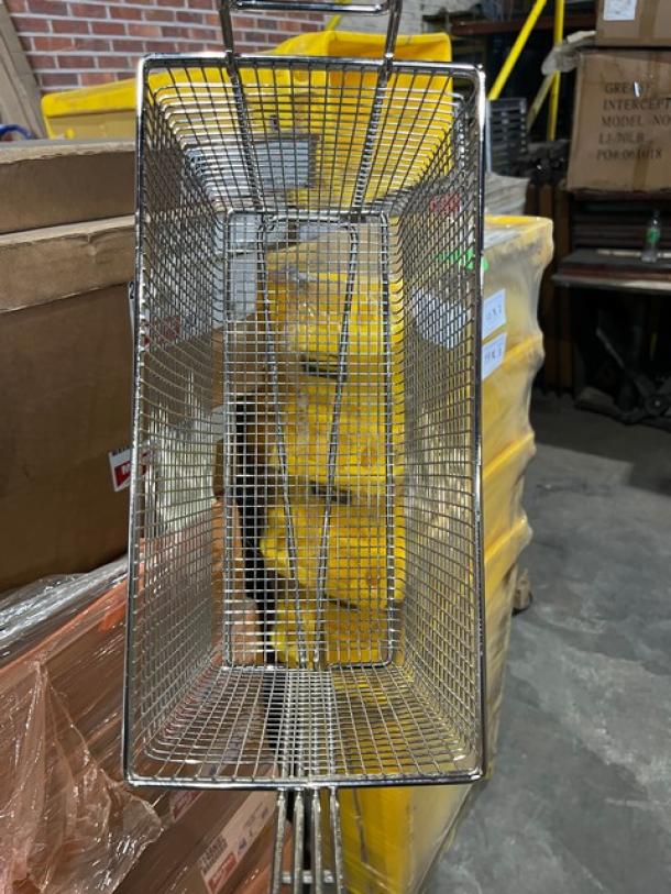 Brand new commercial stainless steel fry basket with front hook and non-slip grip handle.