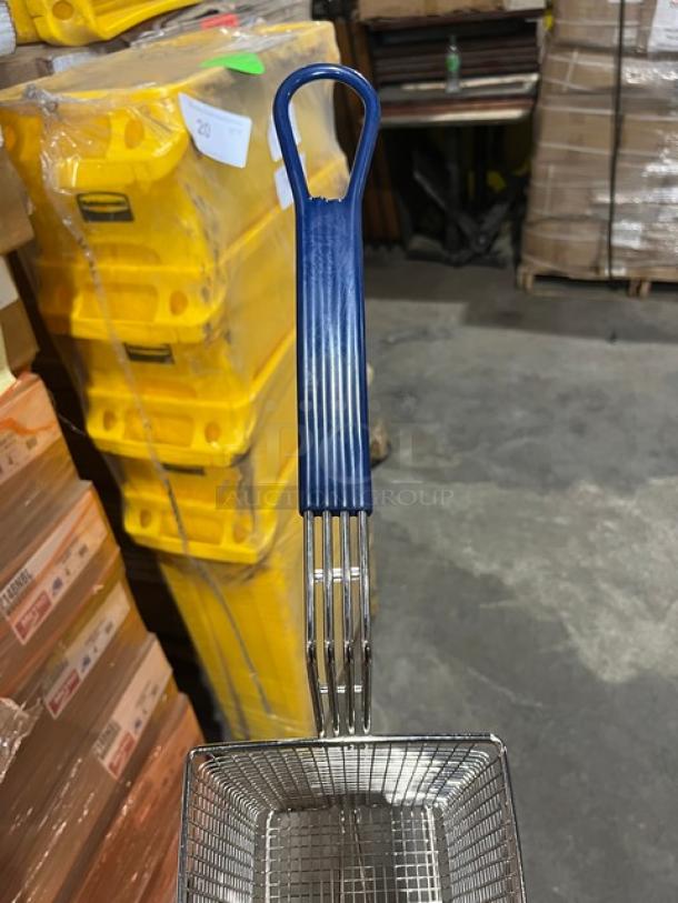 Brand new commercial stainless steel fry basket with front hook and non-slip blue grip handle, perfect condition.