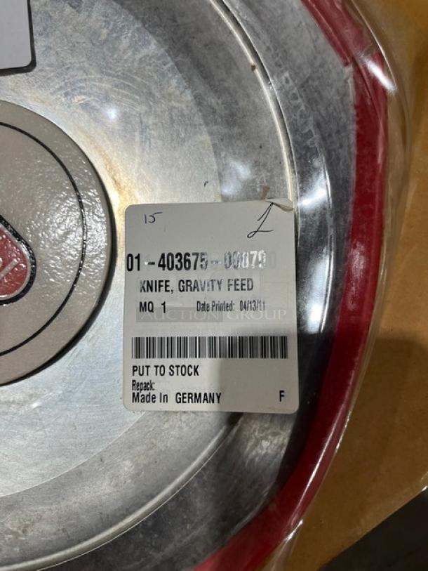 Berkel Commercial Gravity Feed Slicing Knife, Model 01-403675-00070, brand new, with label indicating made in Germany.