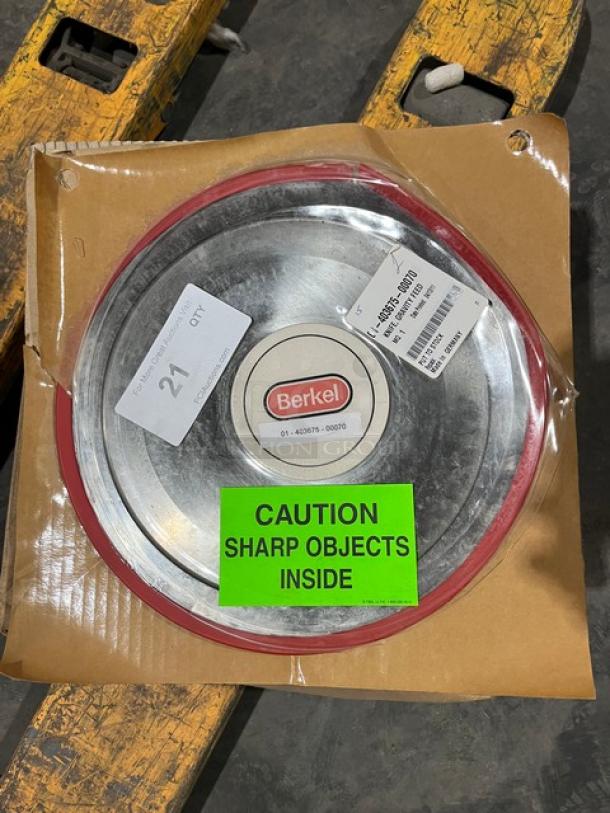 Berkel Commercial Gravity Feed Slicing Knife, Brand New, Model 01-403675-00070, caution label for sharp objects.