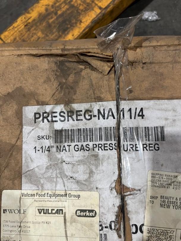 Brand new Vulcan 1-1/4" natural gas pressure regulator, Model PRESREG-NA11/4, sealed in original packaging.