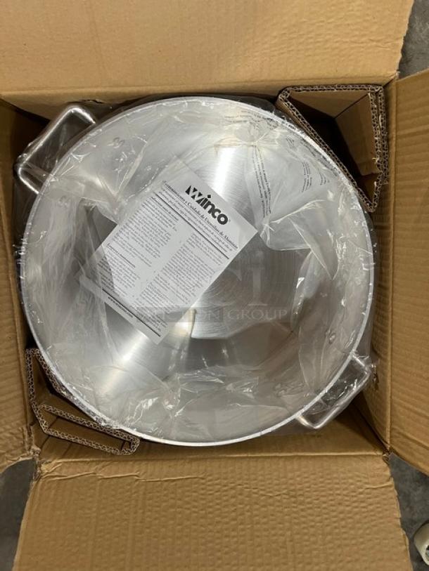 Brand new Winco 15 Qt. Aluminum Brazier, Model AXBZ15, in original packaging, with handles and instruction sheet.
