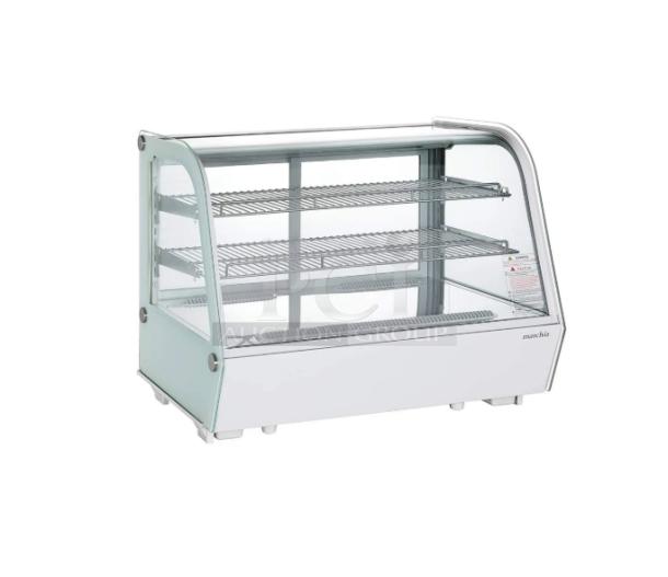 Brand new Marchia 36" refrigerated bakery display case, model MDC161, with curved glass, chrome wire racks, LED lighting, and sliding doors.