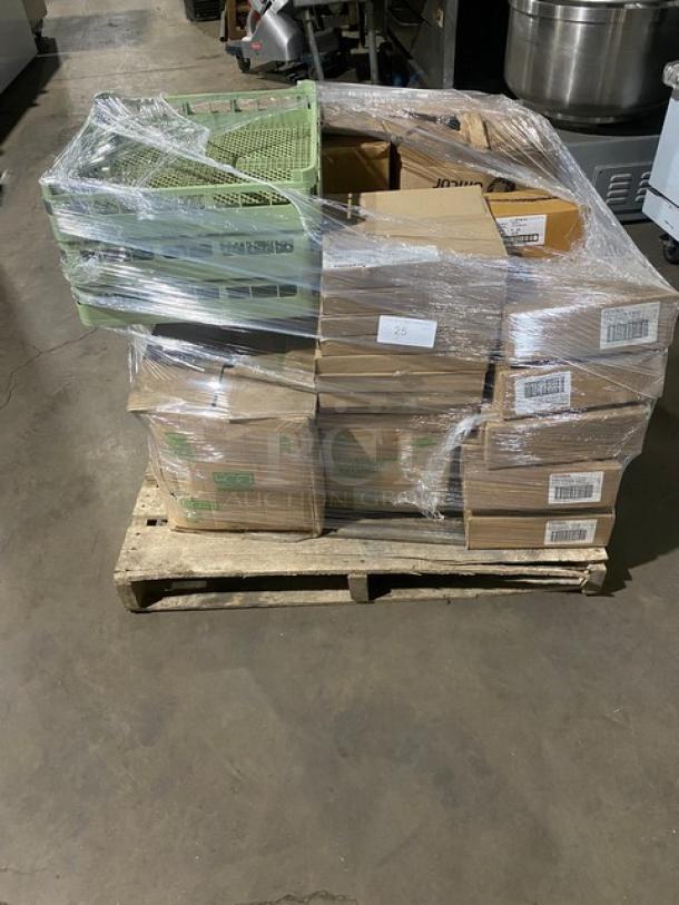 Wrapped pallet with mixed commercial kitchen items, including Vollrath tray mat, Eco-Products bowls, and Winco pan. New condition.