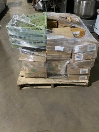 Wrapped pallet with mixed commercial kitchen items, including Vollrath tray mat, Eco-Products bowls, and Winco pan. New condition.
