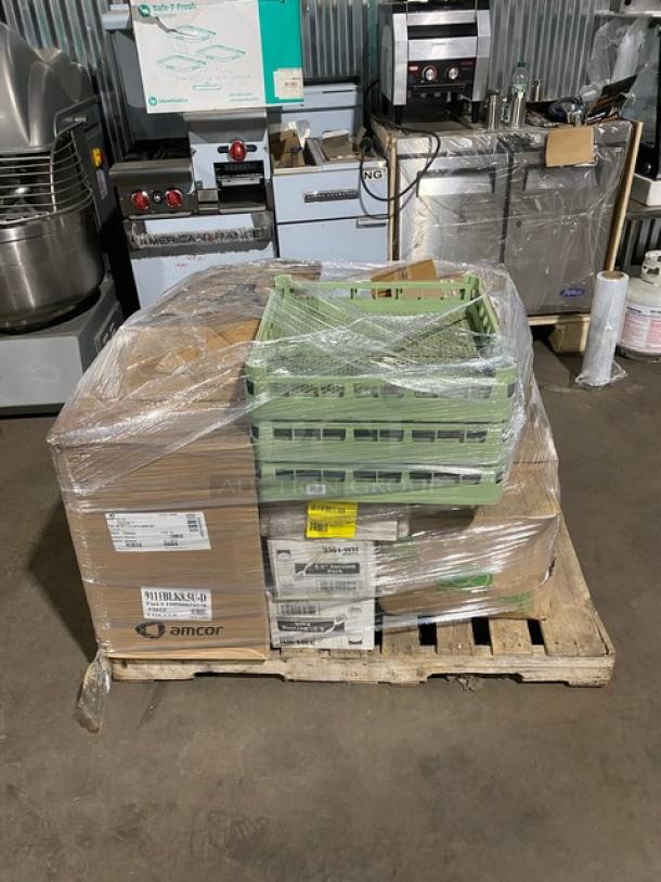 Mixed pallet with Vollrath anti-skid tray mats, Eco-Products bowls, Fineline serving forks, and more. New condition.