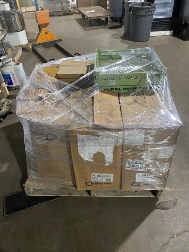 Mixed pallet wrapped in plastic containing a Vollrath tray, Eco-Products bowls, Fineline fork, Arcoroc glass, Winco pan, and Vollrath flatware rack. Brand new items.