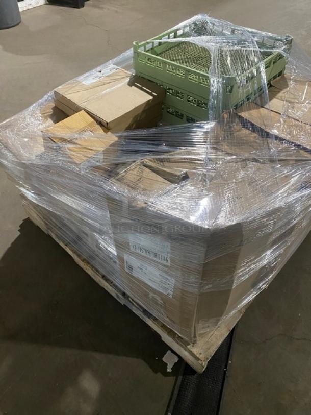 Mixed pallet with Vollrath trays, Eco-Products bowls and containers, Fineline forks, Arcoroc glasses, Winco pans, Vollrath rack.