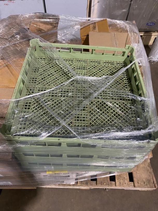Mixed pallet with Vollrath anti-skid tray, Eco-Products bowls, Fineline fork, Arcoroc glass, Winco pan, Vollrath flatware rack.
