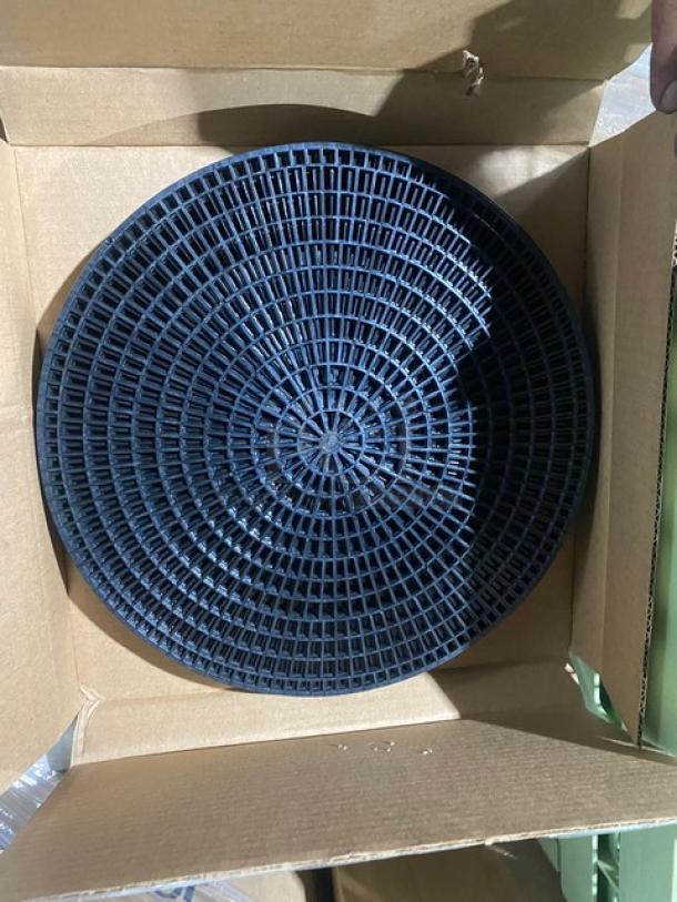 Vollrath Commercial Black 12.5” Round Anti-Skid Tray-Mate Mat, Model 1420-06, shown in open box, brand new condition.