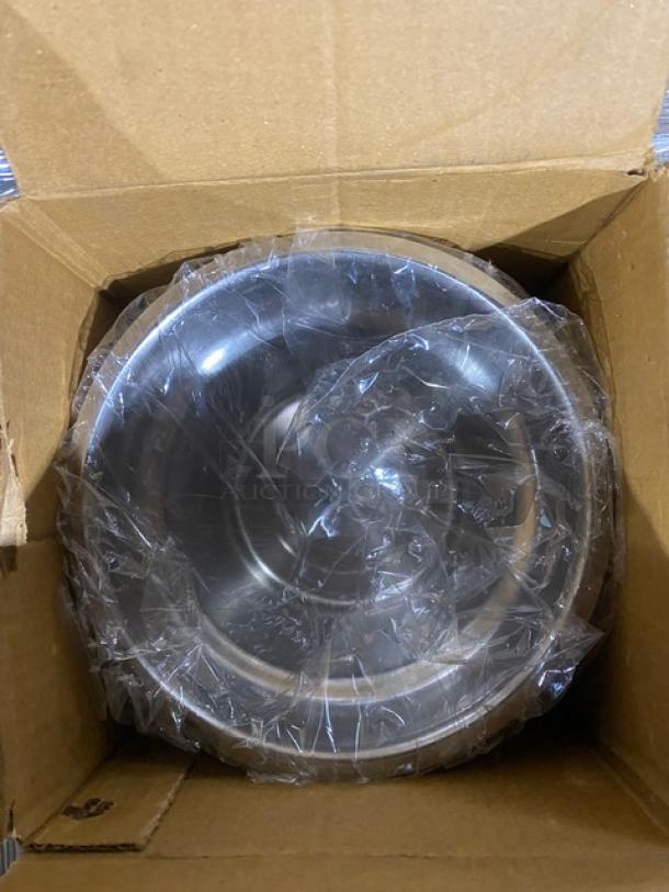 Cardboard box containing a Winco Prime Series stainless steel 4 Qt. vegetable inset pan, wrapped in clear plastic. Brand new condition.