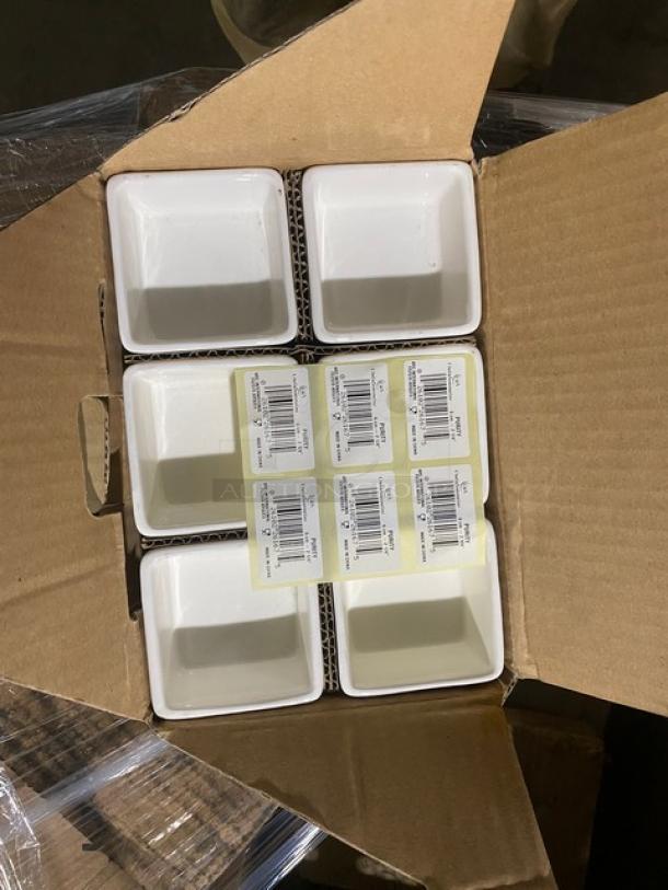 Mixed pallet of commercial kitchen items in new condition, including Vollrath anti-skid tray, compostable bowls, take-out containers, serving forks, glasses, a vegetable pan, and a flatware rack. Labels indicate models and eco-friendly features.