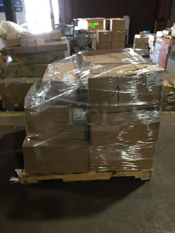 A full pallet of Paterson Pacific Parchment NG01046 black 2-ply dinner napkins, 1,000 per case, wrapped in plastic.