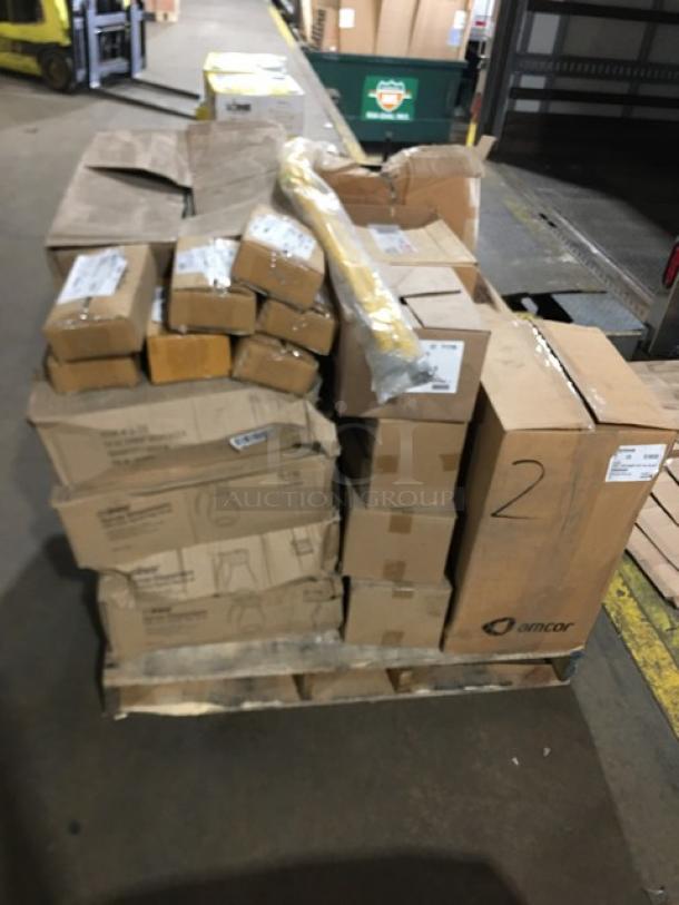 Mixed pallet with boxes of commercial kitchen items, including Bon Chef saucepans, Winco syrup dispensers, aprons, napkins, and gas hoses.