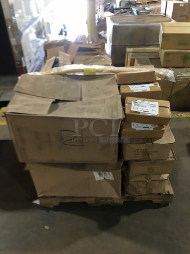 Mixed pallet of brand new Bon Chef saucepans, Winco syrup dispensers, aprons, napkins, and more. Boxed, on pallet.